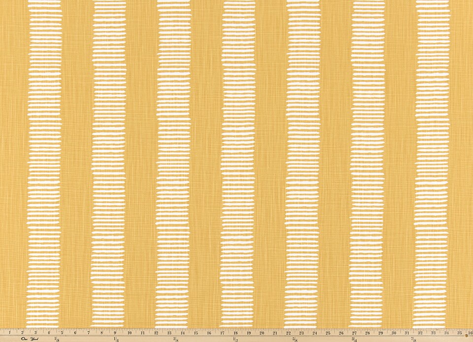 Faux Roman Shade Valance in Brazilian Yellow and White Dash Print on Premium Slub Linen Fabric, Custom Made. Fully Lined Window Treatments
