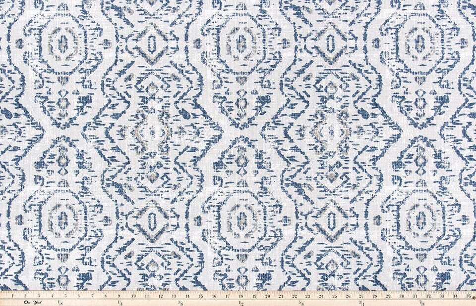 Faux Roman Shade Valance in Space Blue and Gray Taupe Print on Premium Cotton Linen, Fully Lined, Custom Made, Modern Native Jazmin Print