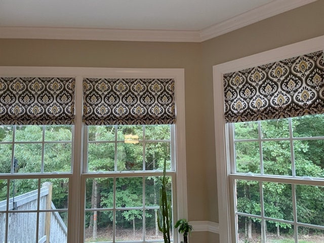 Faux Roman Shade Valance in Dark Taupe and Gold Damask Print