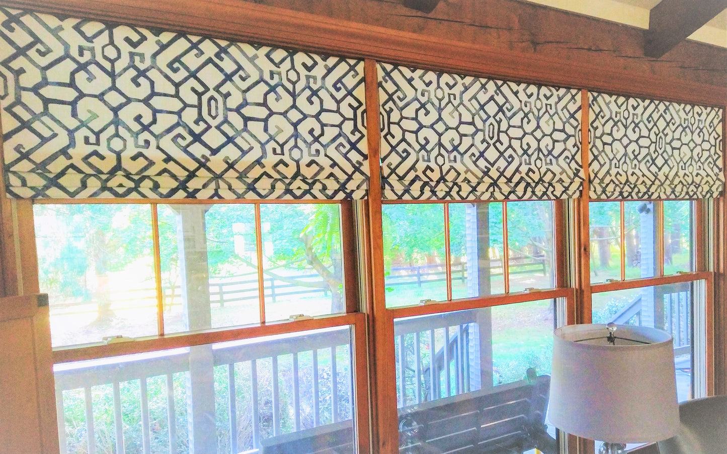 Faux Roman Shade Valance in Modern Blue and White Trellis Print, Fully Lined