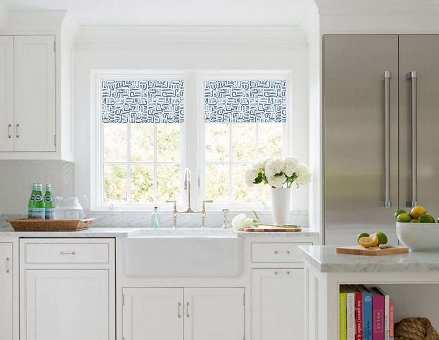Straight Custom Valance in Indigo Blue and White Print, Fully Lined, 100% Cotton, Custom Made Modern Kitchen Valance, Bay Window Treatments
