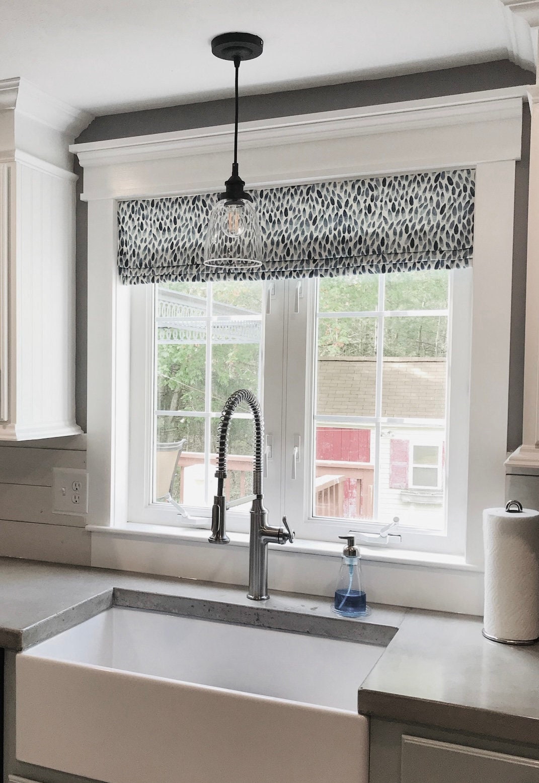 Faux Roman Shade Valance in Lotus Grey and White Print, Fully Lined, Custom Made Modern Valance, zen nature fabric collection