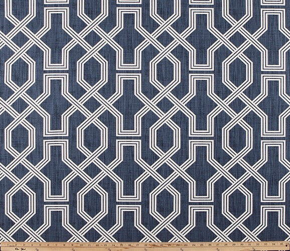 Straight Custom Valance in Nasco Blue and White Geometric Print on Premium Cotton Linen, Fully Lined Custom Made FlatValance