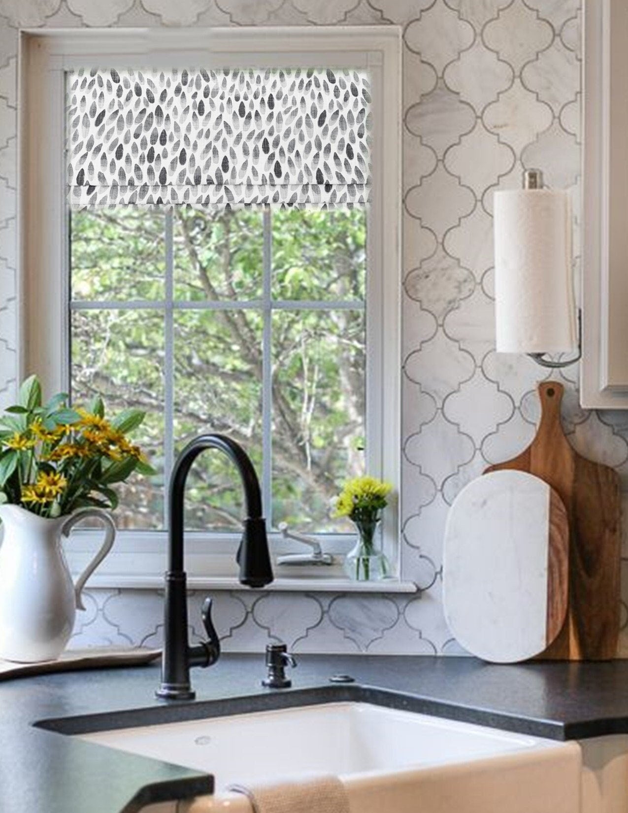 Faux Roman Shade Valance in Lotus Grey and White Print, Fully Lined, Custom Made Modern Valance, zen nature fabric collection