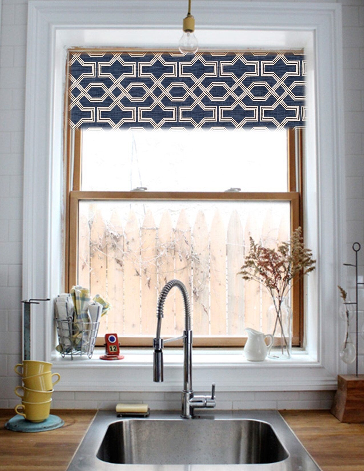 Straight Custom Valance in Nasco Blue and White Geometric Print on Premium Cotton Linen, Fully Lined Custom Made FlatValance