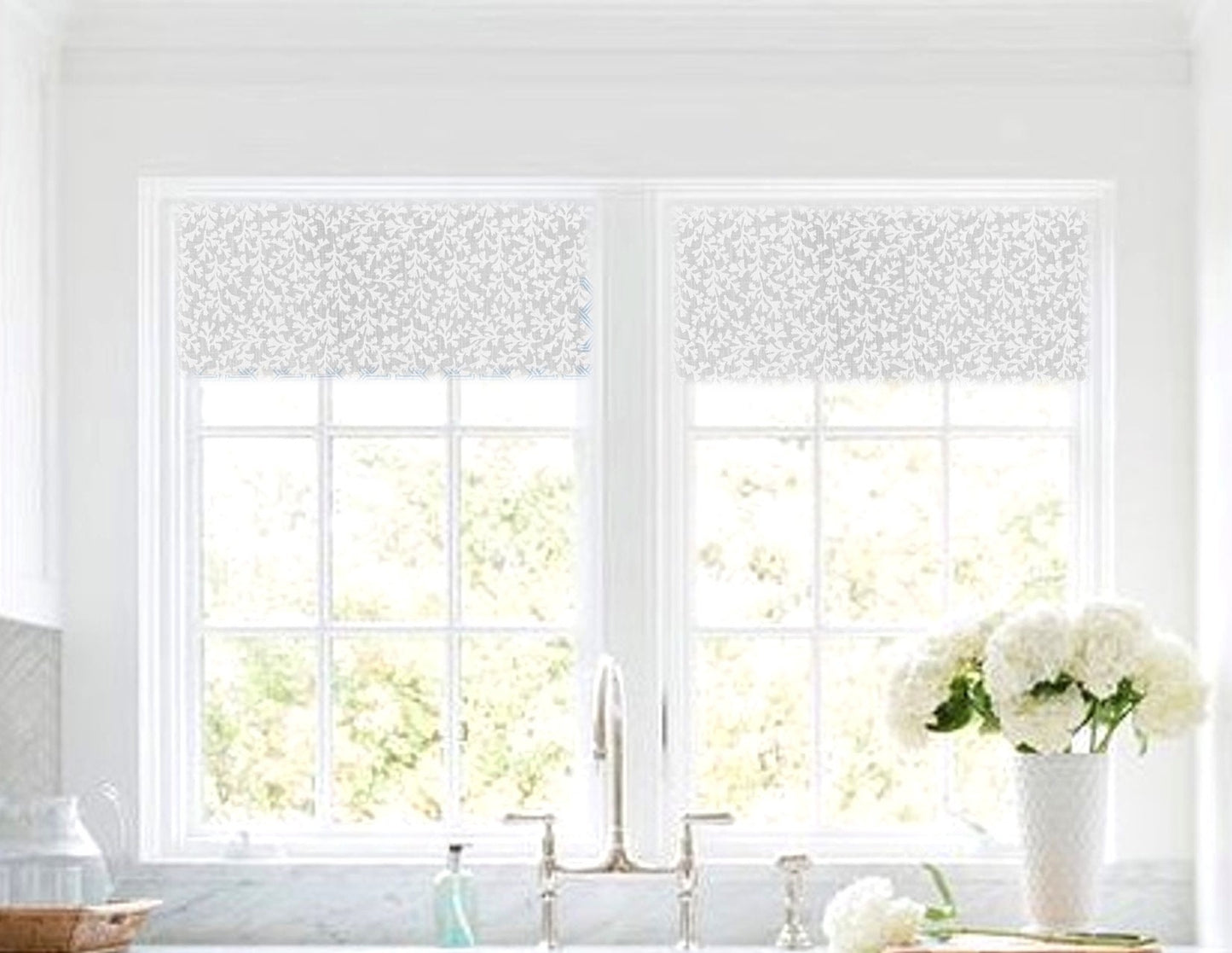 Straight Custom Valance in French Grey or Navy and White Cotton Slub Print, Fully Lined Custom Made Window Treatments, coral coastal print