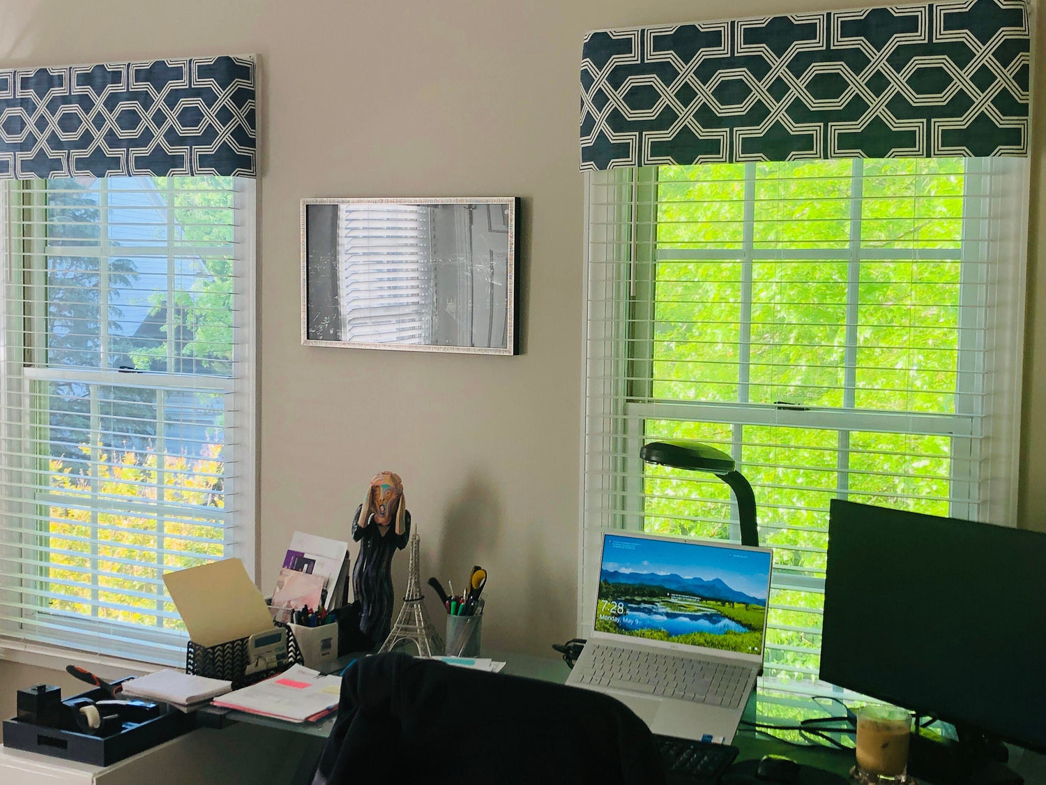Straight Custom Valance in Nasco Blue and White Geometric Print on Premium Cotton Linen, Fully Lined Custom Made FlatValance