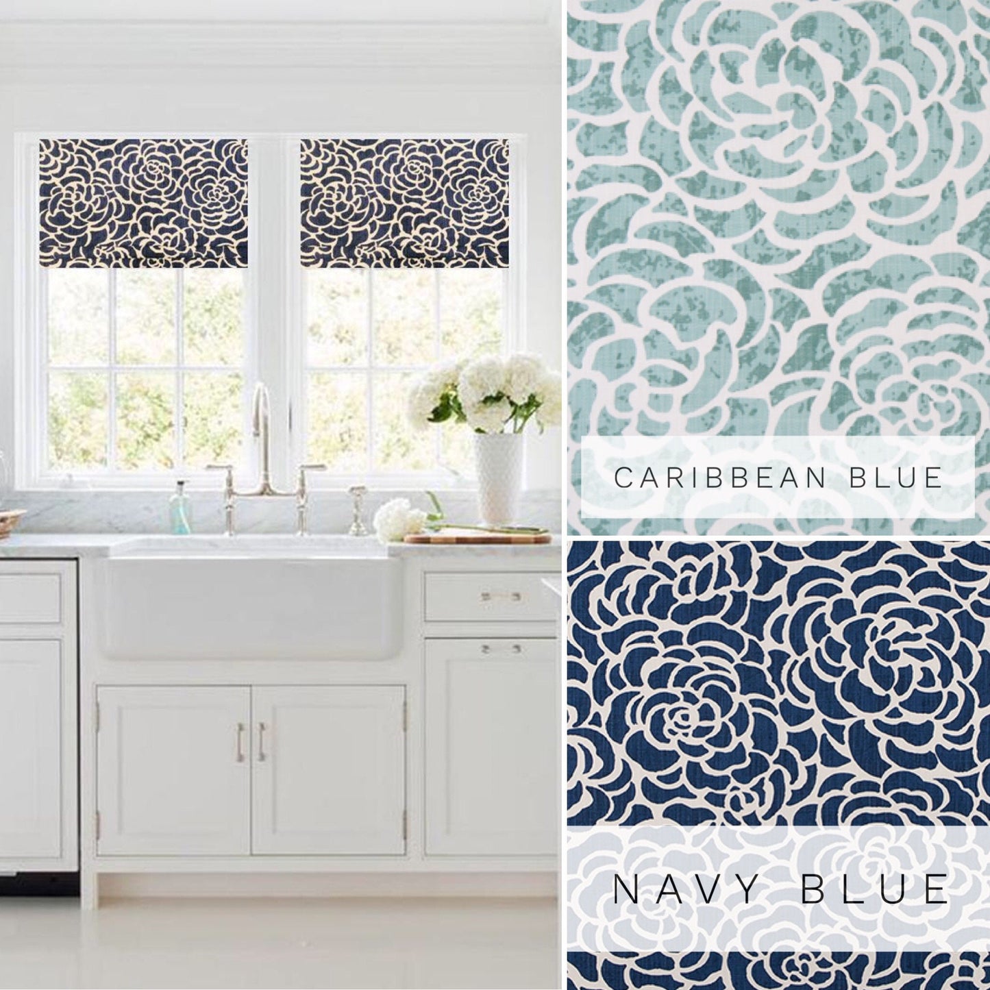 Faux Roman Shade Valance in Caribbean Blue Floral Print on Premium Cotton Linen Fabric, Fully Lined, Custom Made window treatments