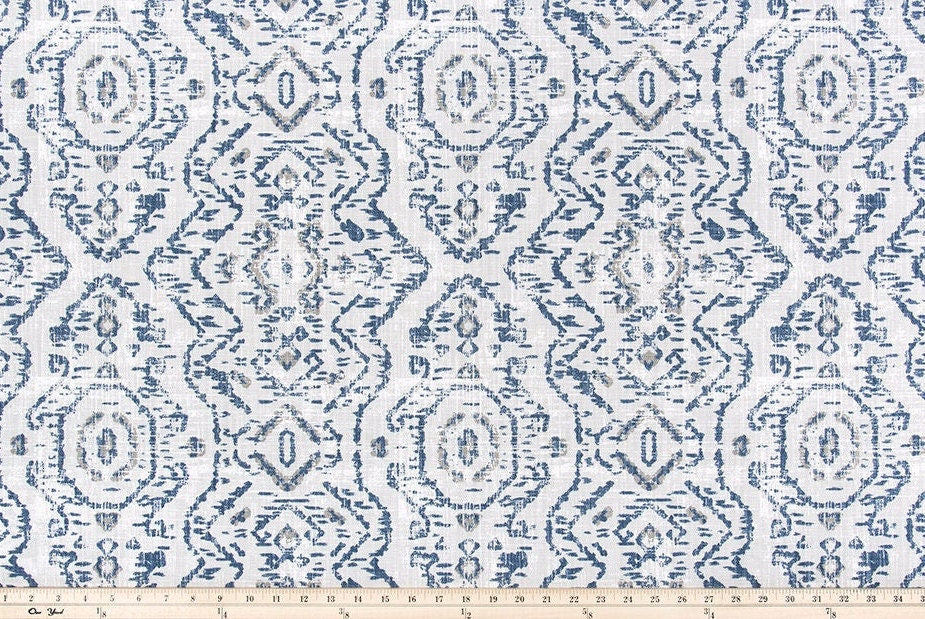 Straight Custom Valance in Space Blue Print on Premium Cotton Linen, Fully Lined, Custom Made, Modern Native Jazmin Print Flat Valance