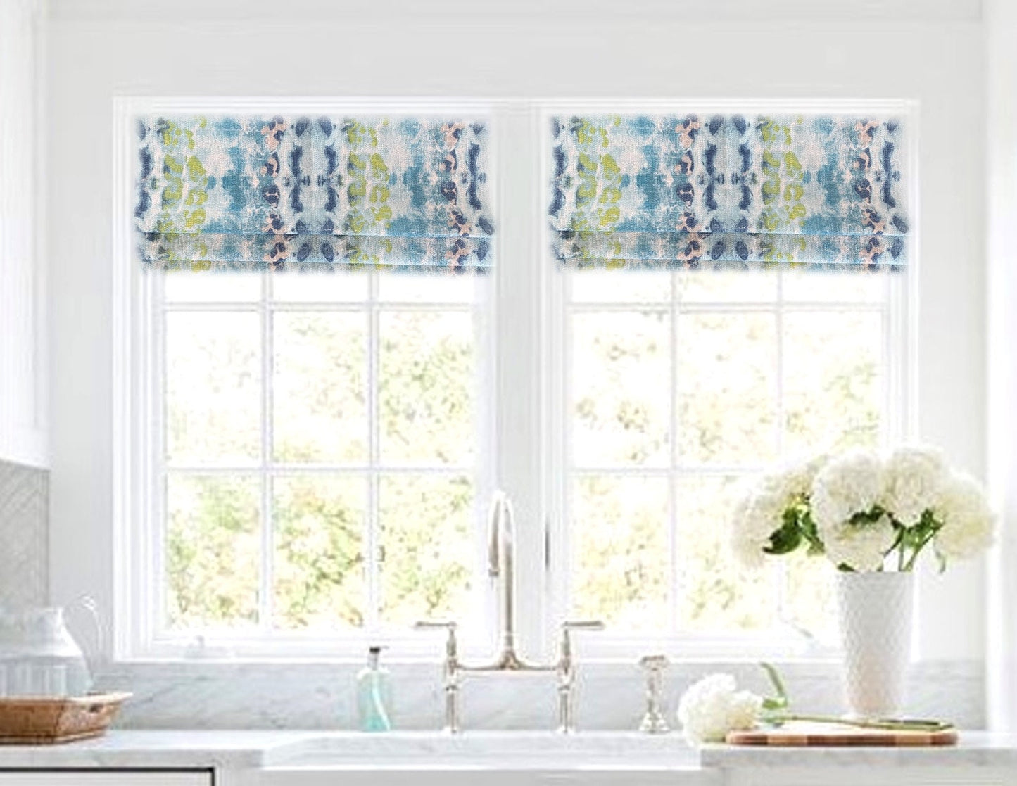 Faux Roman Shade Valance in Blue, Green and Natural Birch Pattern on 100% Premium Cotton Fabric, Custom Made, Fully Lined Valance