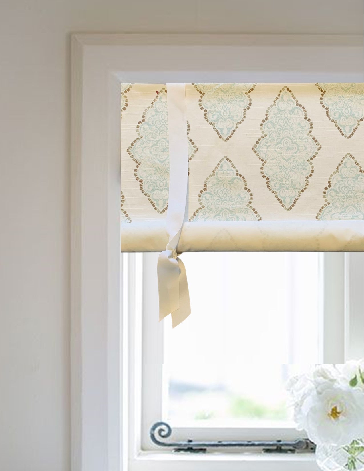 Custom Made, Fully Lined Tie Up Valance in Blue, White, Brown Damask Print, Relaxed Faux Roman Shade Valance, Monroe Snowy Cotton Slub