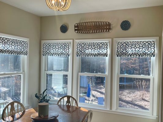 Faux Roman Shade Valance in Modern Blue and White Trellis Print, Fully Lined, Custom Made, Lattice Geometric Kitchen Window Treatment
