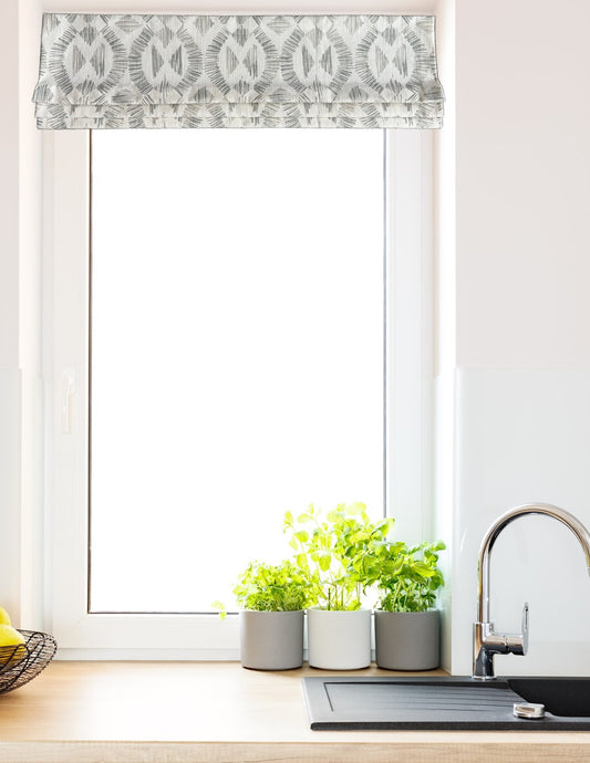 Faux Roman Shade Valance in Geometric Print of Grey and White on Premium Cotton Linen Fabric, Fully Lined, Custom Made