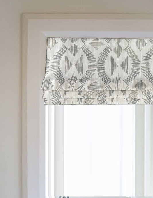 Faux Roman Shade Valance in Geometric Print of Grey and White on Premium Cotton Linen Fabric,  Fully Lined, Custom Made