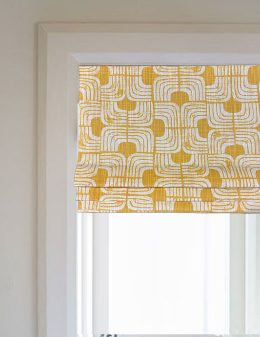 Faux Roman Shade Valance in Brazilian Yellow and White Chisel Print on Premium Slub Cotton Canvas Fabric,  Custom Made.  Fully Lined