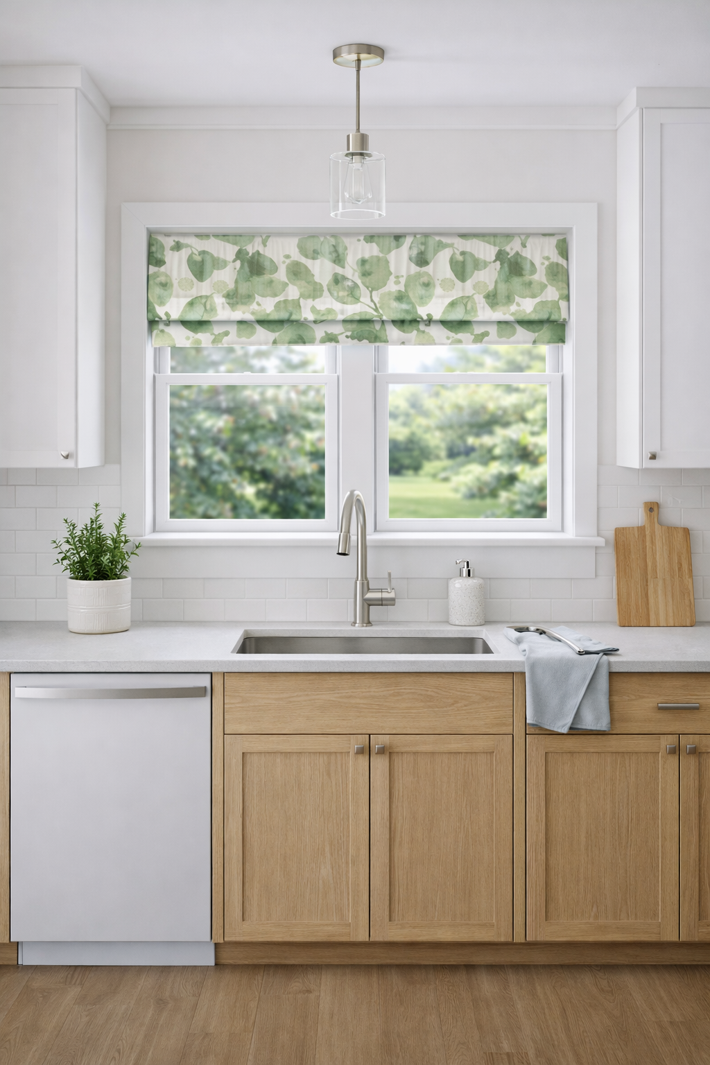 Modern Single Fold Roman Valance in Botanical Prints of Green, Blue or Grey and White, 100% Cotton Canvas, Fully Lined, Custom Made Curtains