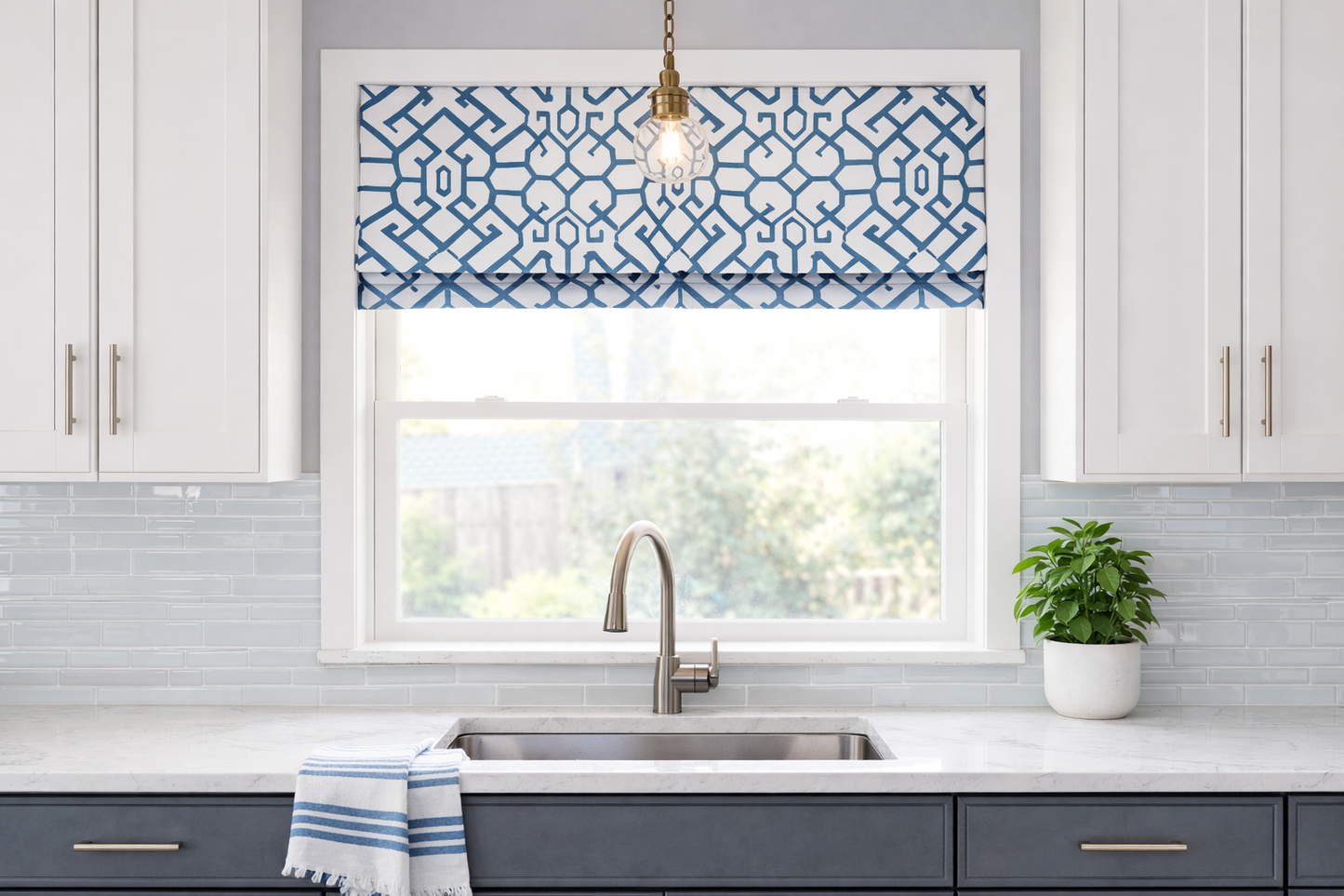 Modern Single Fold Roman Valance in Blue and White Geometric Print, Fully Lined, 100% Cotton, Custom Made Window Treatments