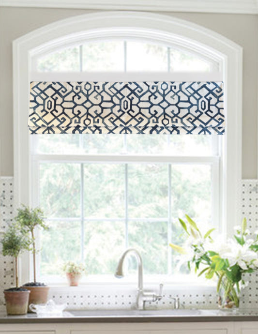 Modern Single Fold Roman Valance in Blue and White Geometric Print, Fully Lined, 100% Cotton, Custom Made Window Treatments