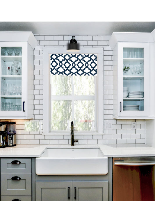 Straight Valance in Navy Blue and White Lattice Print, Custom Made, Fully Lined