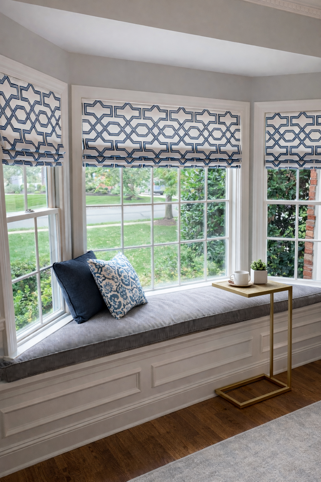 Custom Made Faux Roman Shade Valance, Ander Blue, Graphite Grey or Pewter & White Print on Premium Cotton Linen, Fully Lined