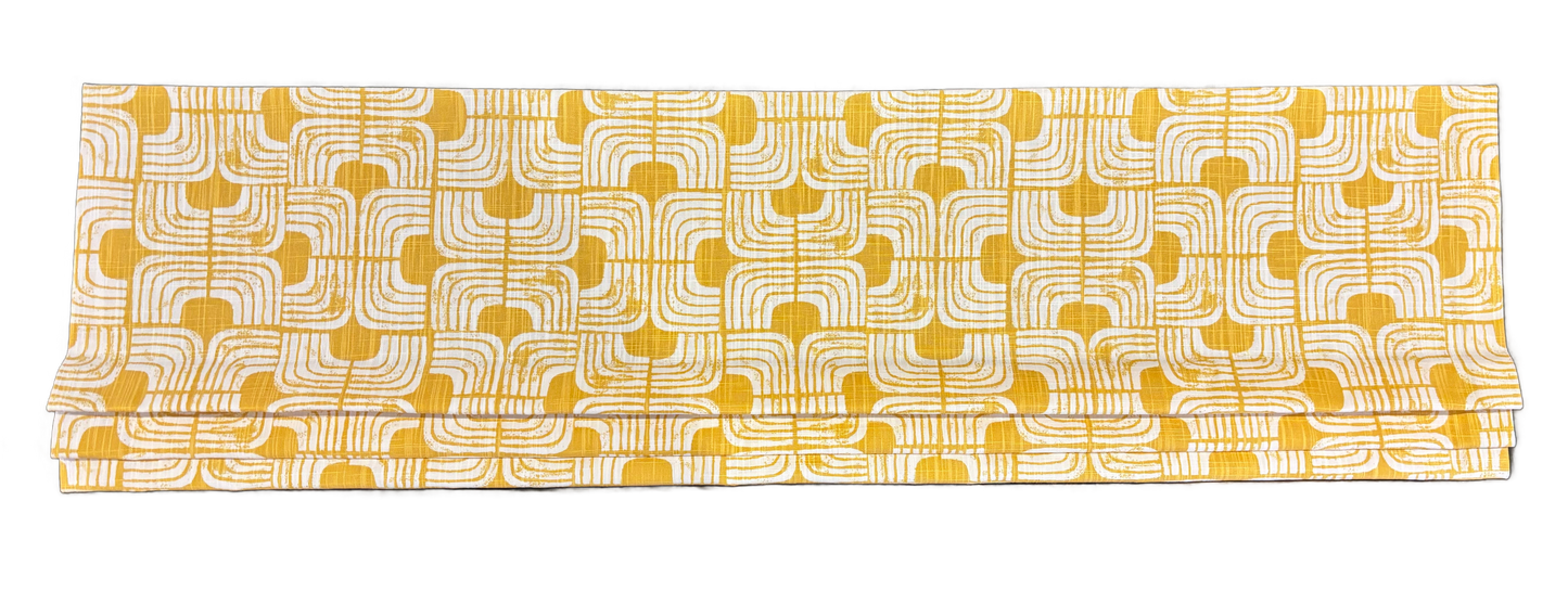 Faux Roman Shade Valance in Brazilian Yellow and White Chisel Print on Premium Slub Cotton Canvas Fabric,  Custom Made.  Fully Lined