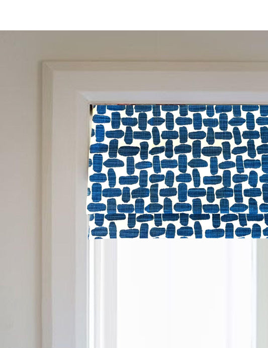 Modern Single Fold Valance in Farley Print of Blue and White Fabric, 100% Cotton, Custom Made, Fully Lined Curtains