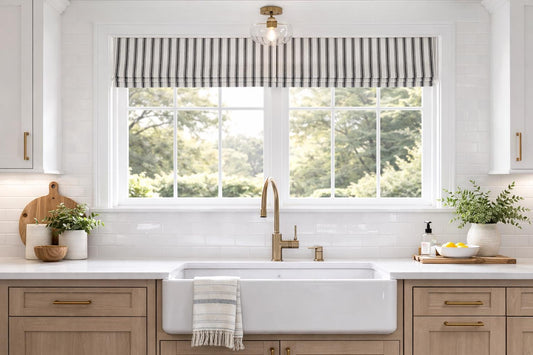 Faux Roman Shade Valance in Black or Grey and White Ticking Stripe, Fully Lined Custom Made