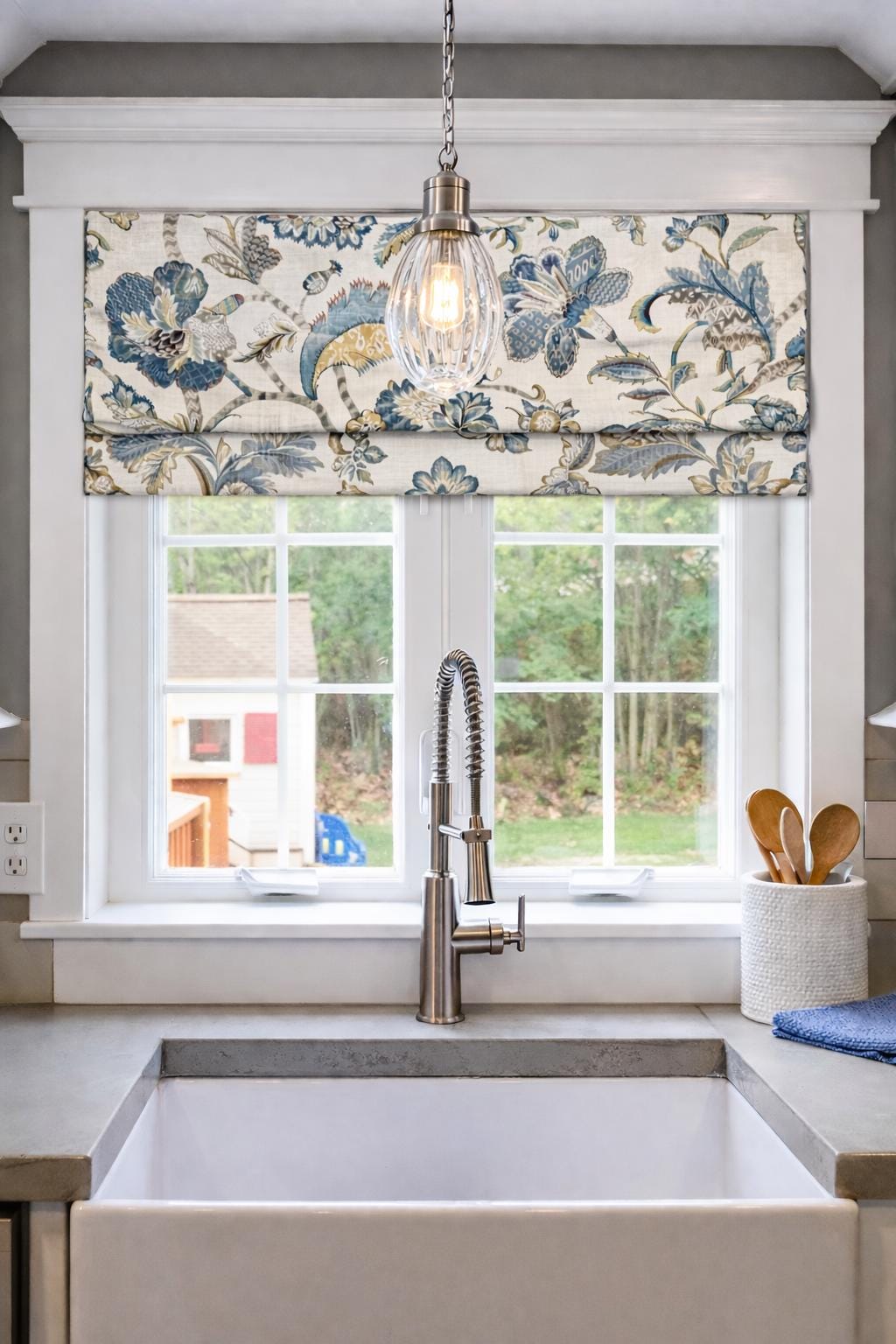 Modern Single Fold Roman Valance in French Blue Floral Fabric in Premium 100% Cotton, Fully Lined, Custom Made Curtains, Finder's Keepers