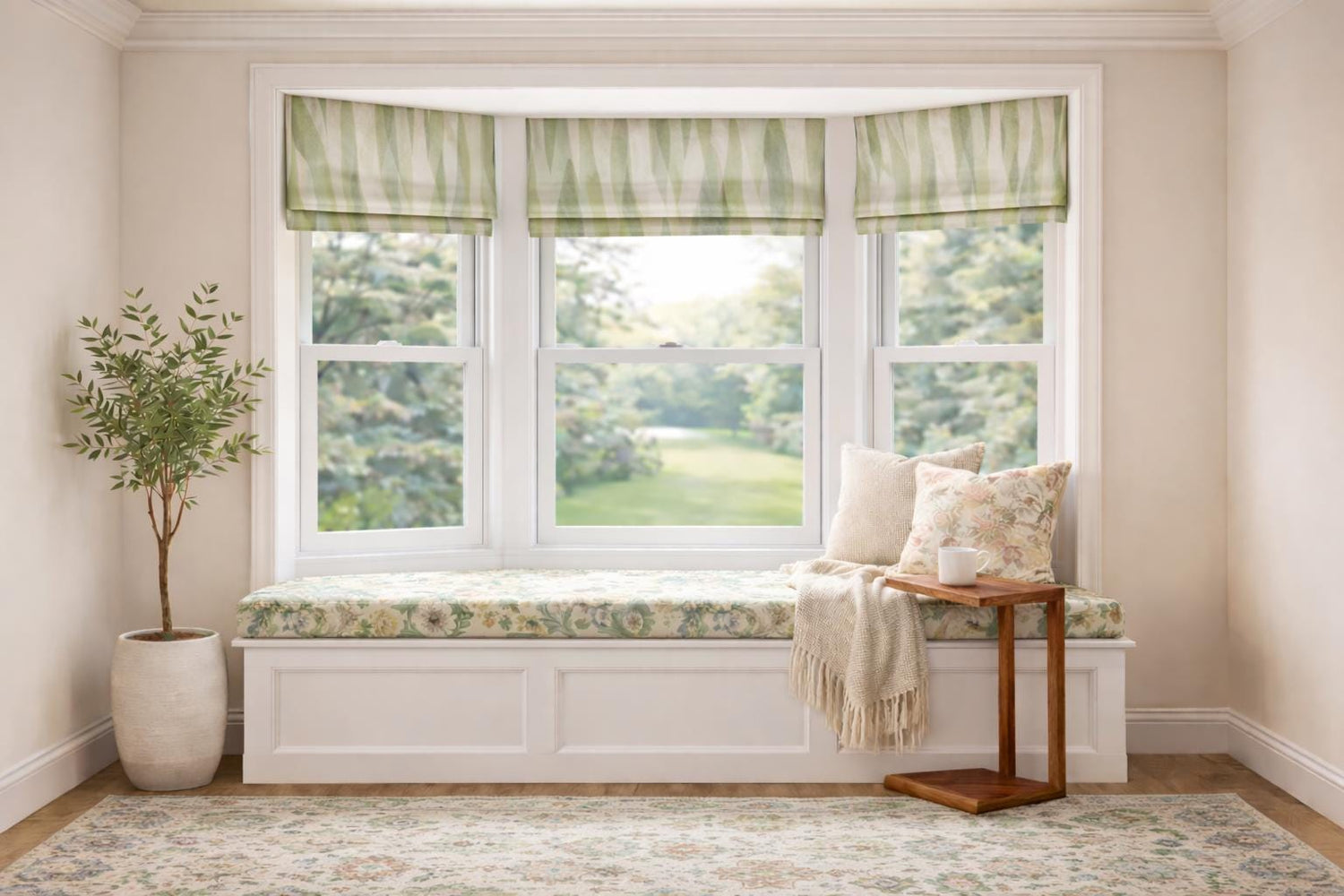 Modern Single Fold Roman Valance in Waverly Woodlands Green in Premium 100% cotton Fabric, Fully Lined, Custom Made Curtain Valance, Beige