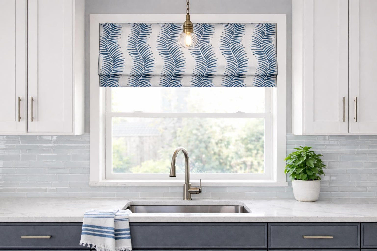 Modern Single Fold Roman Valance in Midnight Blue and White Ilina Print, in Premium Cotton Linen Fabric, Fully Lined, Custom Made Curtains