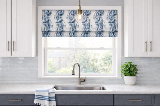 Modern Single Fold Roman Valance in Midnight Blue and White Ilina Print, in Premium Cotton Linen Fabric, Fully Lined, Custom Made Curtains