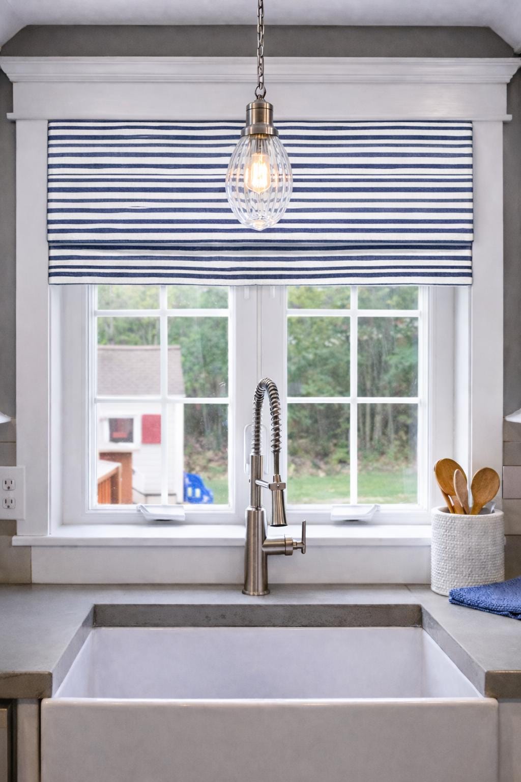 Modern Single Fold Valance in Navy Blue and White Horizon Stripe Fabric, 100% Cotton, Custom Made, Fully Lined Curtains