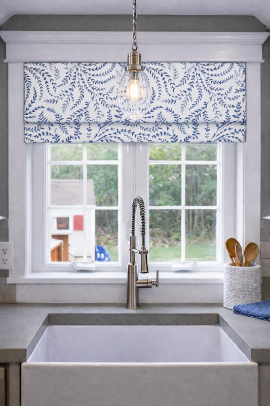 Modern Single Fold Valance in Priano Navy Blue and White Print, in Premium Cotton Linen Fabric, Fully Lined, Custom Made Curtains