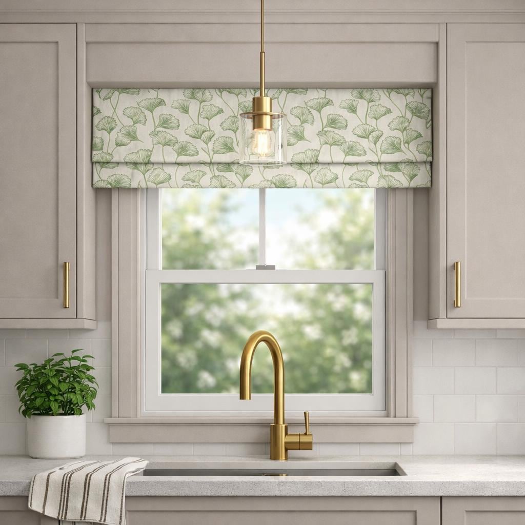 Modern Single Fold Roman Valance in Doris Tendril Green in Premium 100% cotton Fabric, Fully Lined, Custom Made Curtain Valance