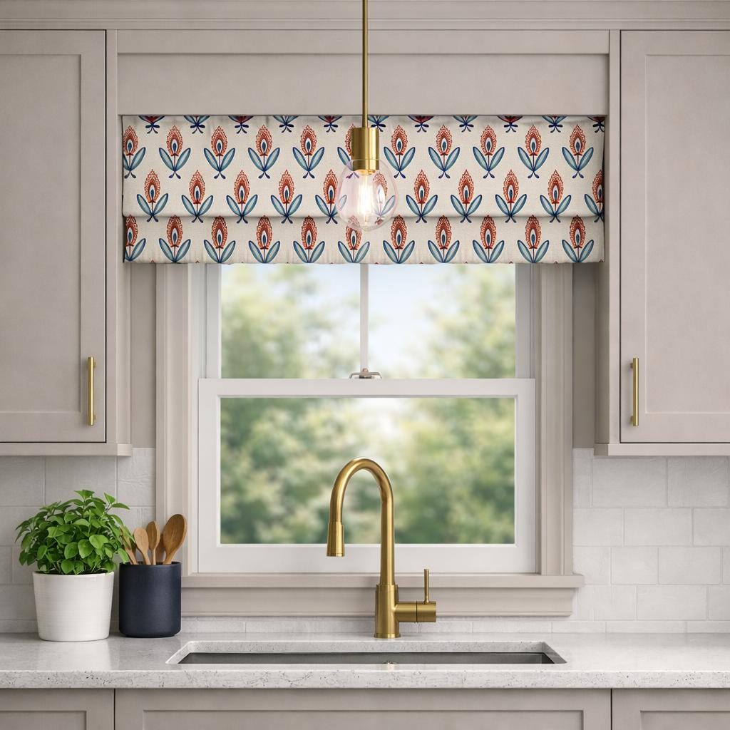 Modern Single Fold Roman Valance in Darcy Blue and Orange Print in Premium Linen Fabric, Fully Lined, Custom Made Curtain Valance