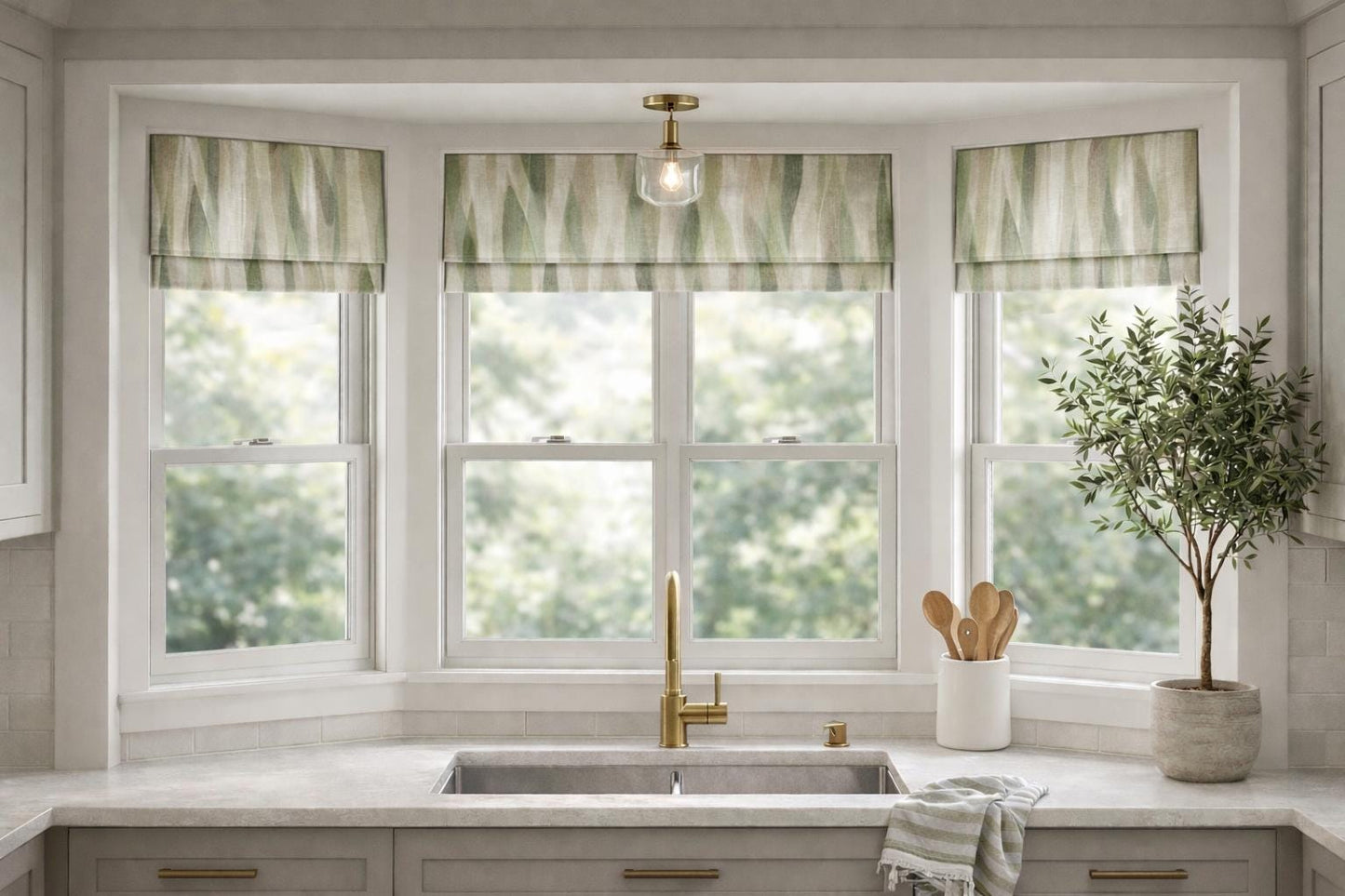 Modern Single Fold Roman Valance in Waverly Woodlands Green in Premium 100% cotton Fabric, Fully Lined, Custom Made Curtain Valance, Beige