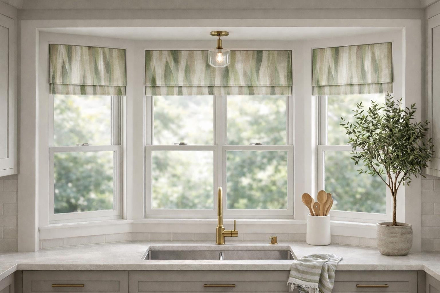 Modern Single Fold Roman Valance in Waverly Woodlands Green in Premium 100% cotton Fabric, Fully Lined, Custom Made Curtain Valance, Beige