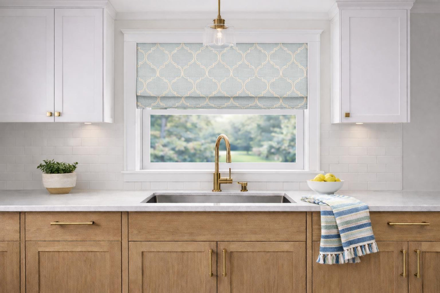 Modern Single Fold Valance in Light Blue and White Aster Print, in Embroidered Cotton Fabric, Fully Lined, Custom Made Curtains