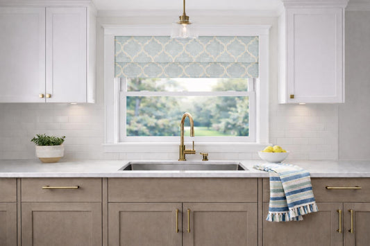 Modern Single Fold Valance in Light Blue and White Aster Print, in Embroidered Cotton Fabric, Fully Lined, Custom Made Curtains