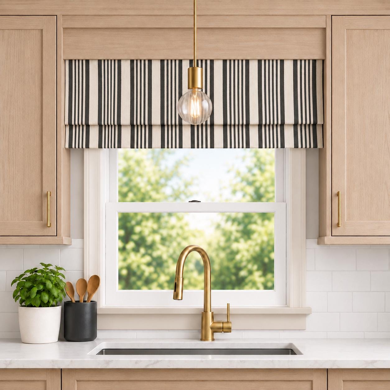 Modern Single Fold Roman Valance in Black and Natural Stripe Print in Premium Linen Fabric, Fully Lined, Custom Made Curtain Valance, Bodie