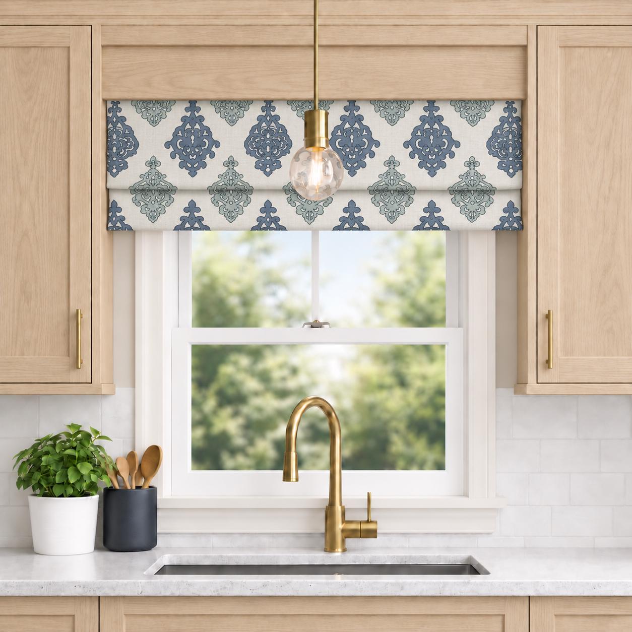 Modern Single Fold Roman Valance Slate Blue and Soft Seafoam Medallion Print on Natural Fabric, Fully Lined, Custom Made Curtain Valance