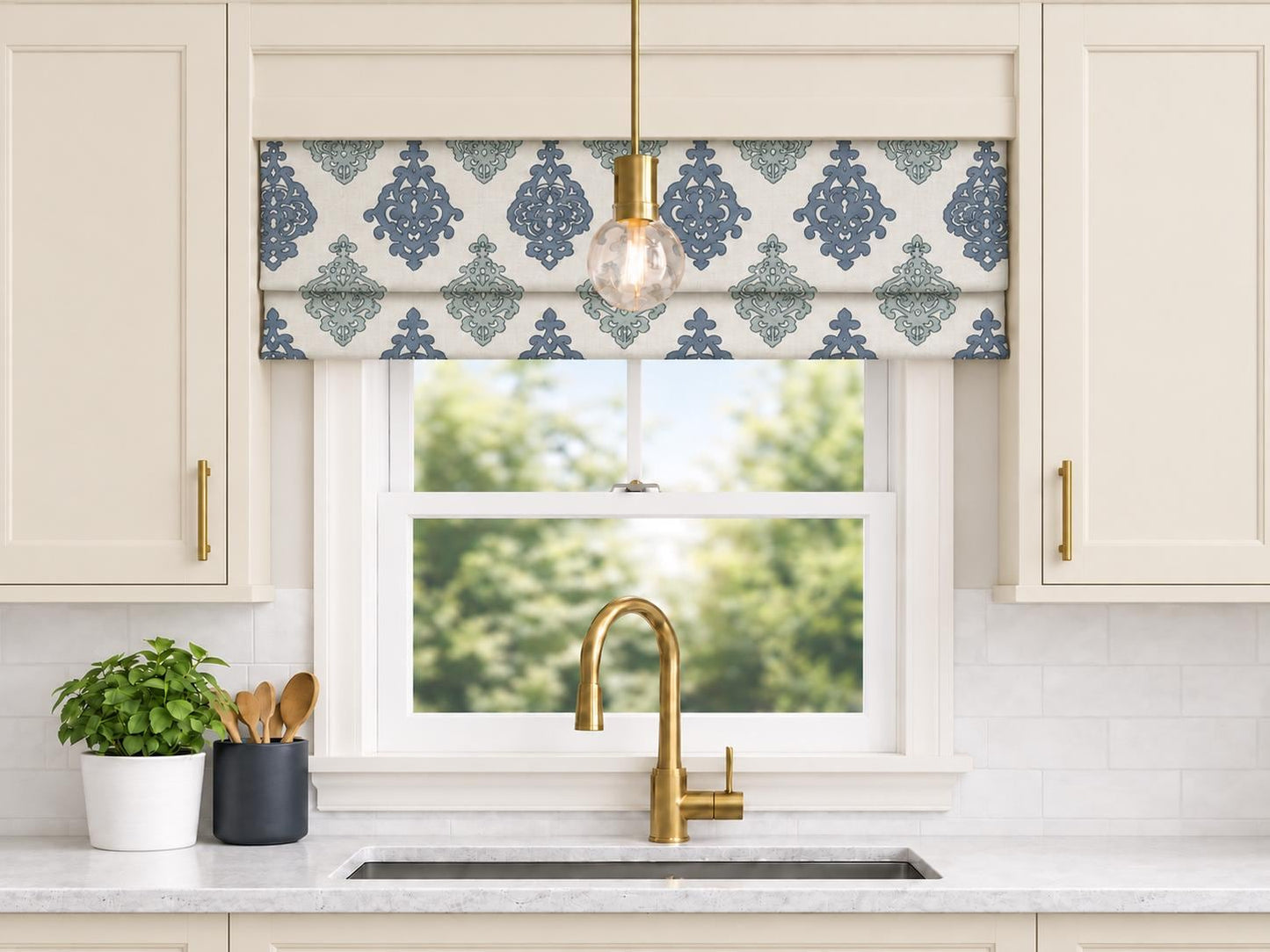 Modern Single Fold Roman Valance Slate Blue and Soft Seafoam Medallion Print on Natural Fabric, Fully Lined, Custom Made Curtain Valance