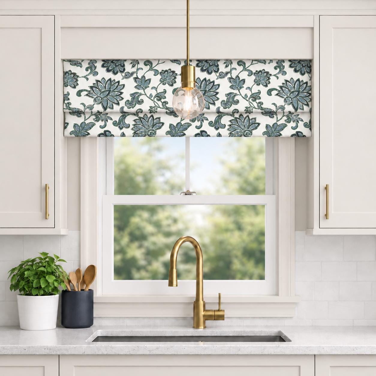 Modern Single Fold Roman Valance in Florence Grove Fabric in Premium Cotton Linen, Fully Lined, Custom Made Curtains