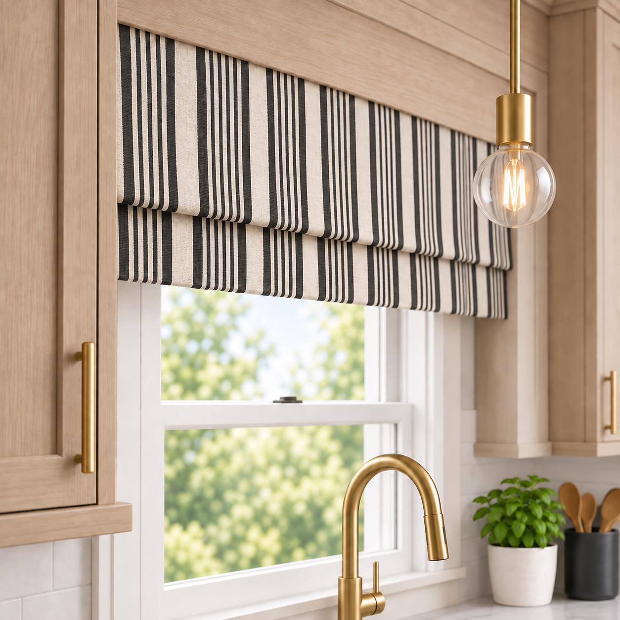 Modern Single Fold Roman Valance in Black and Natural Stripe Print in Premium Linen Fabric, Fully Lined, Custom Made Curtain Valance, Bodie