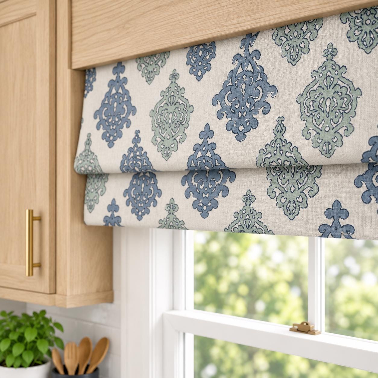 Modern Single Fold Roman Valance Slate Blue and Soft Seafoam Medallion Print on Natural Fabric, Fully Lined, Custom Made Curtain Valance