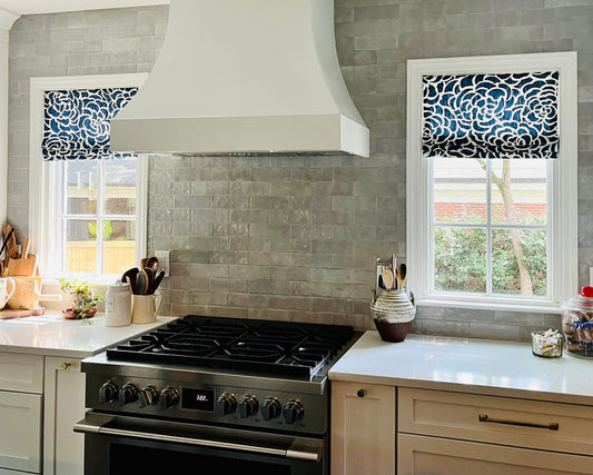 Faux Roman Shade Valance in Navy Blue and White  Floral or Caribbean Blue Floral Print Premium Cotton Linen Fabric, Fully Lined, Custom Made