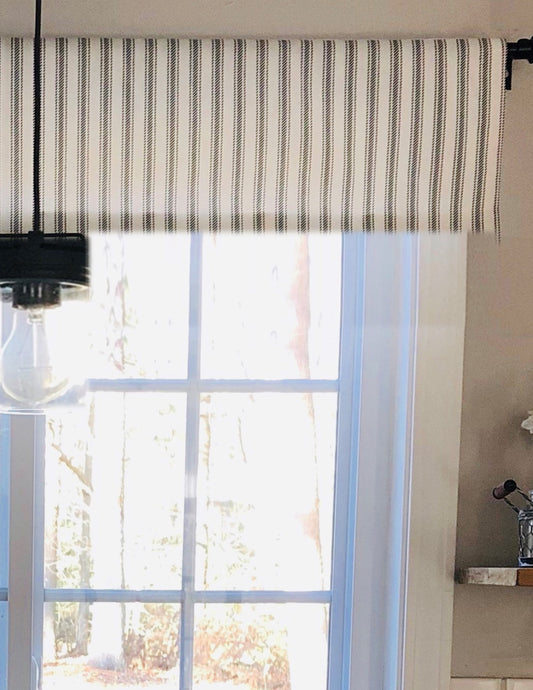 Straight Valance Custom Made in Black and White or Grey and White Ticking Stripe, Fully Lined