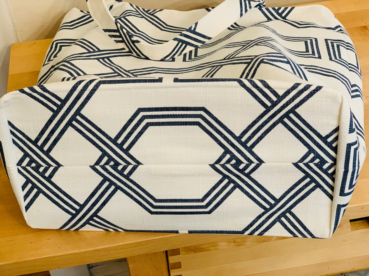 Tote Bag Hand Crafted of Premium Cotton Canvas Linen, Contrasting Lining and Interior Triple Pockets, Navy Blue Geometric Patterns