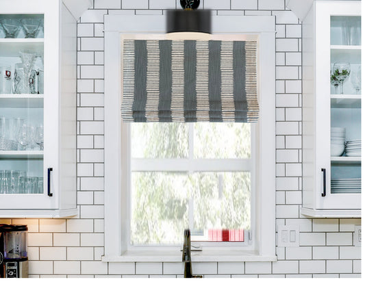 Faux Roman Shade Valance in Iron Grey or Brazilian Yellow and White Dash Print on Premium Slub Linen Fabric,  Custom Made.  Fully Lined