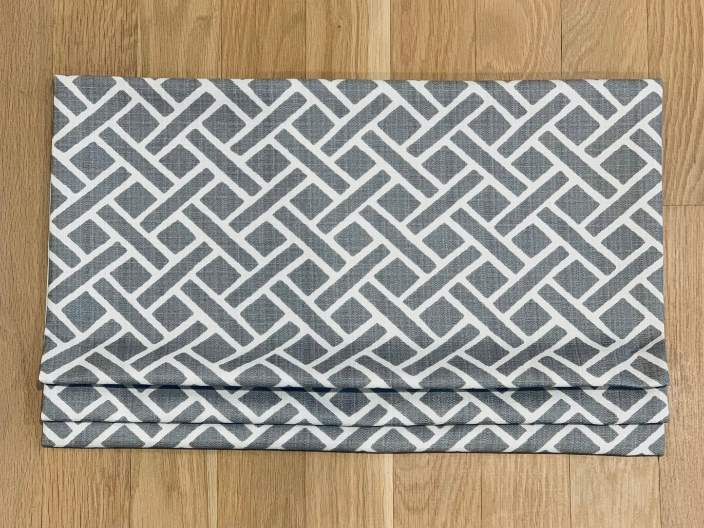 Faux Roman Shade Valance in Geometric Grey or Navy and White, Fully Lined, Custom Made, More Colors Available